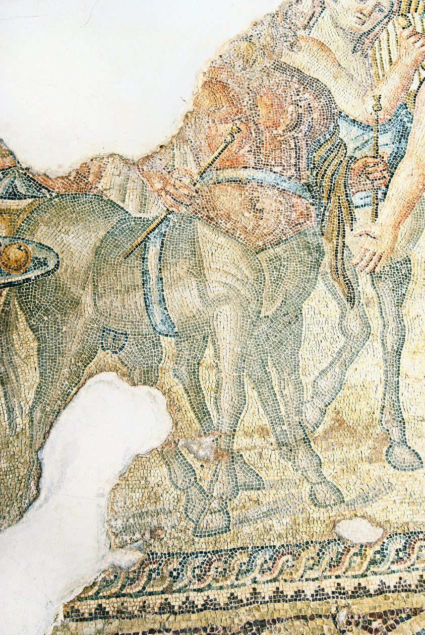 Dionysoksen voittokulkue, yksityiskohta kahdesta kentaurista, Aionin talo, Pafos, Kyproksen mosaiikki tekijältä Roman