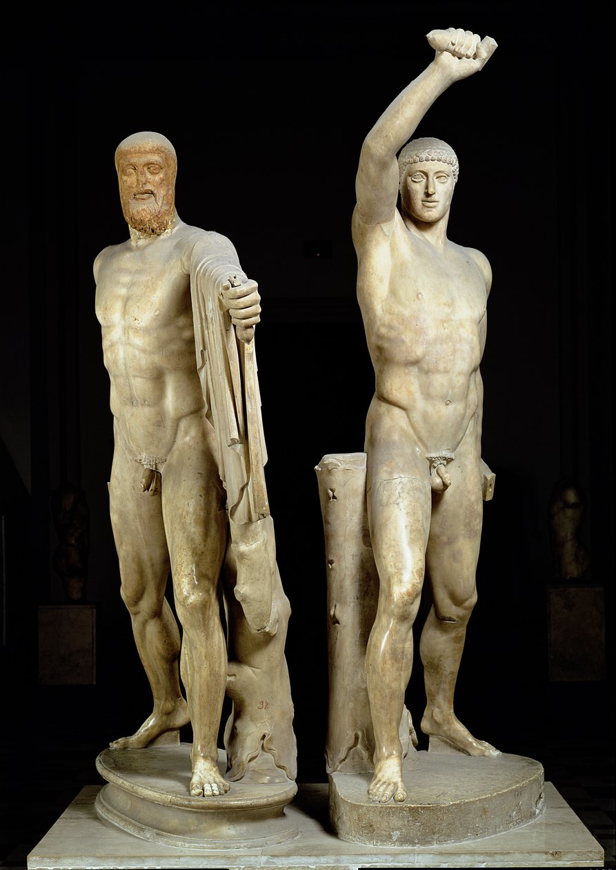 Tyrannisidit, roomalainen kopio Kritioksen ja Nesioteen kreikkalaisesta alkuperäiskappaleesta n. 477 eKr., Farnese-kokoelmasta (marmori) tekijältä Roman