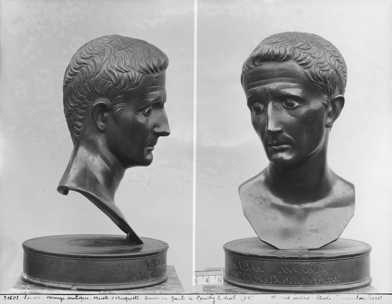 Kaksi näkymää keisari Augustuksen (63 eKr.-14 jKr.) rintakuvasta (pronssi) tekijältä Roman