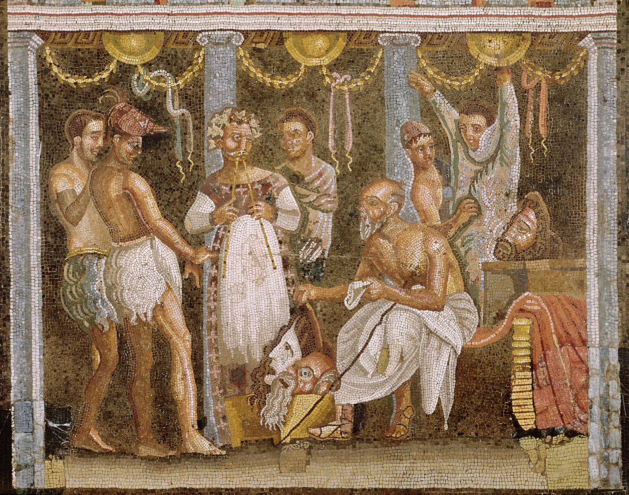 Näyttelijät harjoittelemassa satyyrinäytelmää, noin 62-79 jKr. (mosaiikki) (ks. myös 5035). tekijältä Roman Imperial Period