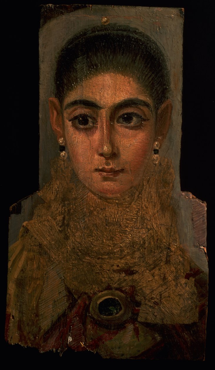 Muotokuva naisesta, jolla on kultainen rintakehä, haudan koristelu, Fayumista, 120-130 jKr (enkaustinen vaha ja maali puulle) tekijältä Roman Period Egyptian
