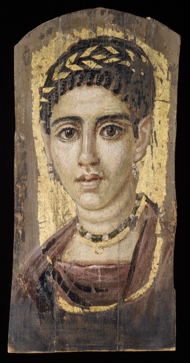Nuoren naisen muotokuva kullatulla seppeleellä, 120-140 jKr (enkaustinen, puu, kultalehti) tekijältä Roman Period Egyptian