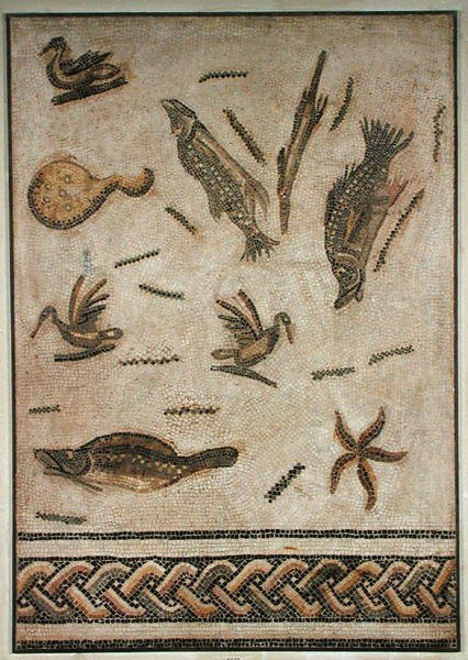 Ankat ja meren eläimistö, päällysteen fragmentti Uticasta, Tunisiasta, 3.-4. vuosisadat (mosaiikki) tekijältä Roman Roman