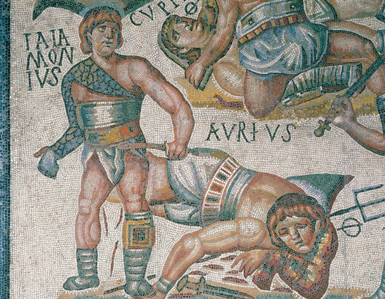 Mosaiikki, jossa näkyy kohtaus taistelevista gladiaattoreista, yksityiskohta, joka sijaitsee Borghese-galleriassa Roomassa tekijältä Roman Roman