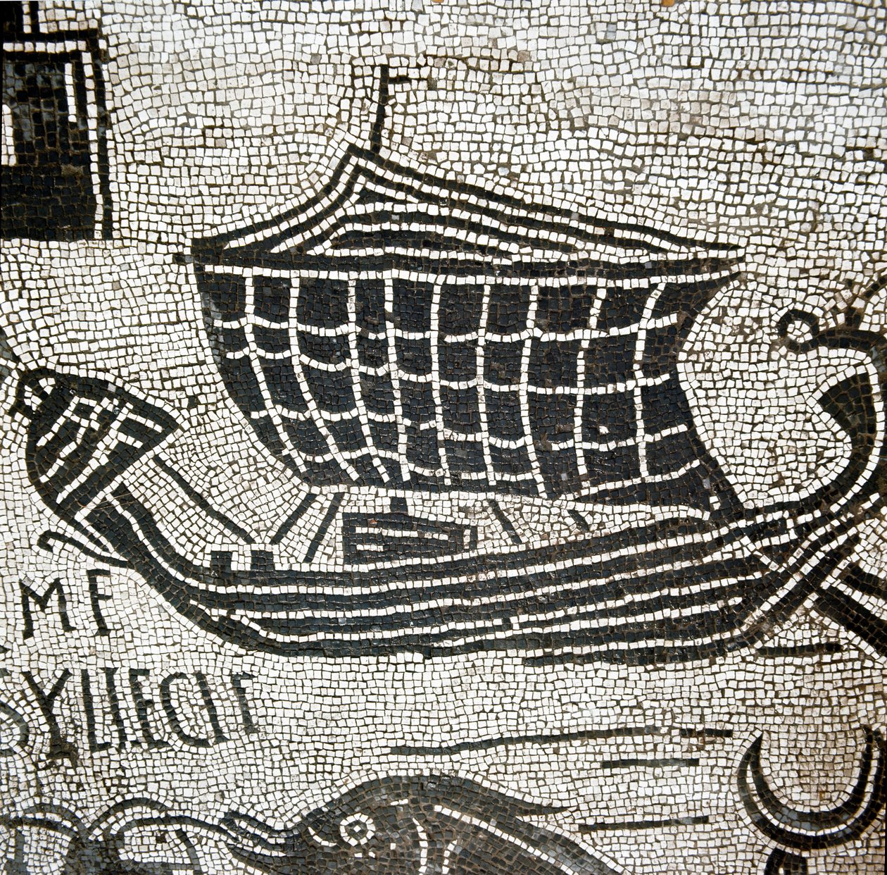 Laiva Aleksandriasta Ostian satamassa (mosaiikki tekijältä Roman