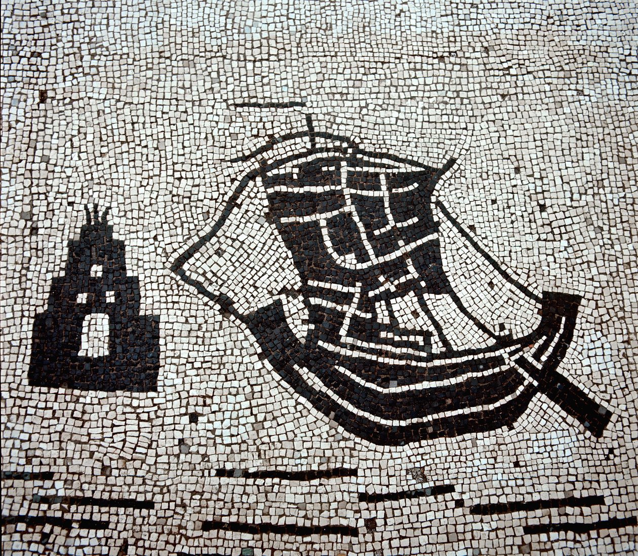Laiva Ostian satamassa (mosaiikki tekijältä Roman