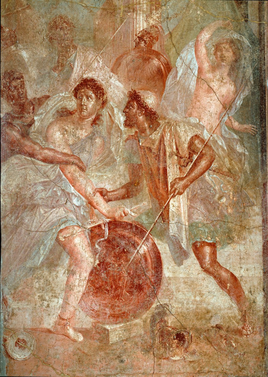 Ulysses tunnistaa Akhilleuksen, naisten naamioituneen Pompejin Lycomede a Scyros -freskon tyttärien joukossa. 1. vuosisadalla jKr. Himmeä. 145,5x137,5 cm Napoli, kansallinen arkeologinen museo - Roman Art. Väkivaltainen taistelu Pompejin ja Nocerin ihmiste tekijältä Roman