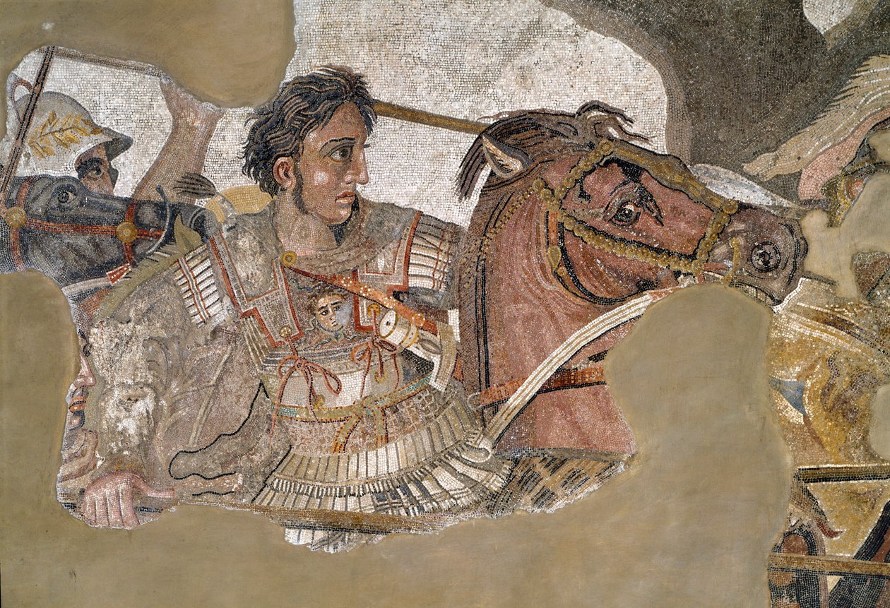 Aleksanteri Suuri (356 - 323 eKr.) hevosellaan Bucephale. Mosaiikki Faunin talosta Pompejista tekijältä Roman