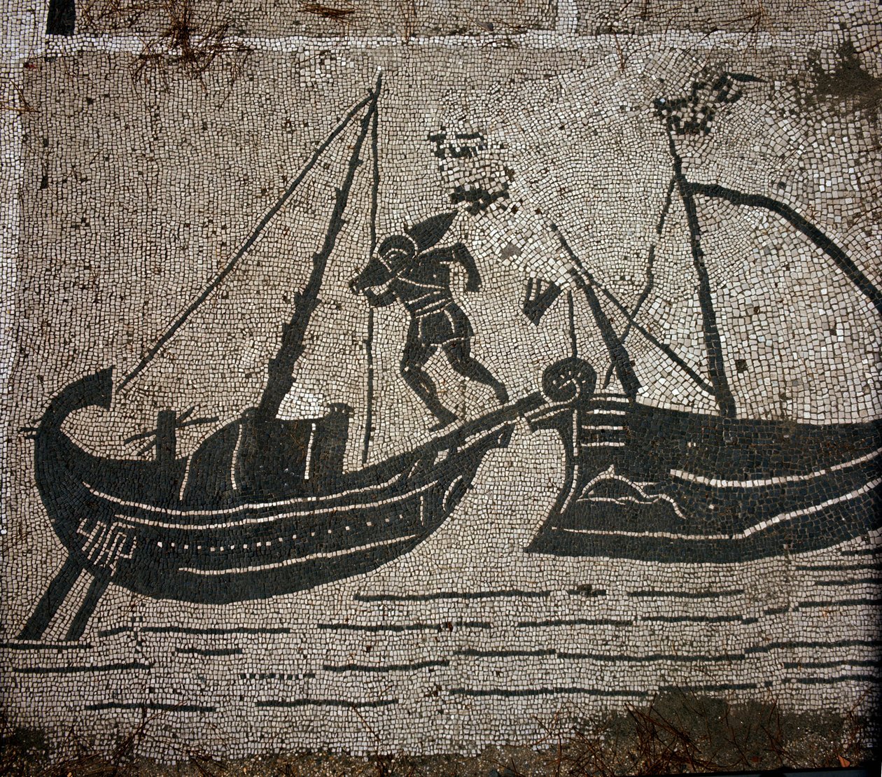 Muinainen Ostia (Ostia). Place des Corporations. Sabratha Seafarers Corporationin mosaiikki. Tavaran lastaus laivaan. tekijältä Roman