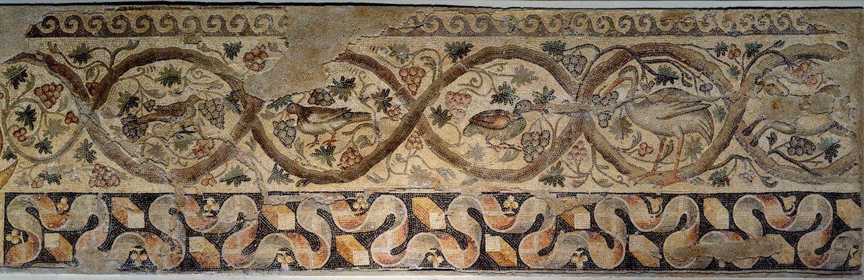Muinainen Rooma: vuodenaikojen mosaiikki, joka edustaa kukkia ja eläimiä. "" Daphnen" Constantine-huvilan pihalta". Antiokiasta (nykyinen Antakya) Turkista 325-330 jKr. Pariisi, Louvre-museo tekijältä Roman