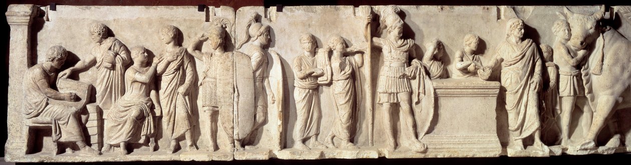 Muinainen Rooma: Domitius Ahenobarbuksena tunnettu reliefi, väestönlaskennan jakso: kansalaisten rekisteröinti ja uhri Mars-jumalalle. Noin 100 eaa. Aurinko 2 m. Pariisi, Louvre-museo tekijältä Roman