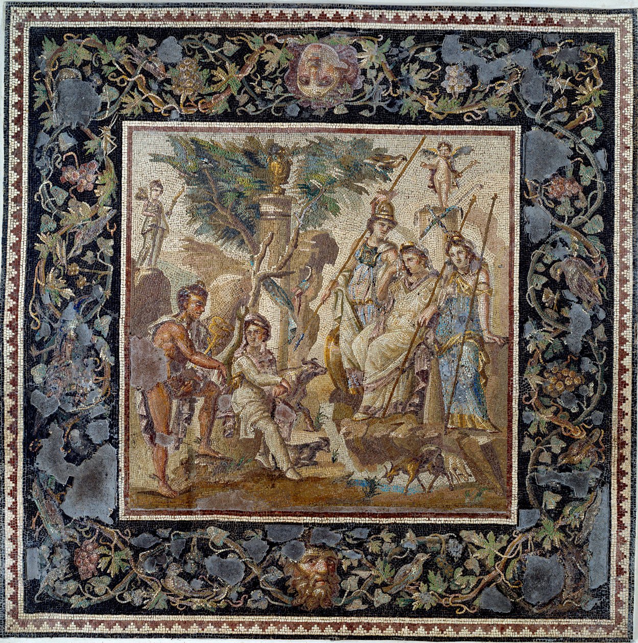 Muinaisen Rooman taide: Pariisin tuomio. Mosaiikki Atrium a Antiokian talosta, 2. vuosisadalta jKr. Louvren taidemuseo tekijältä Roman