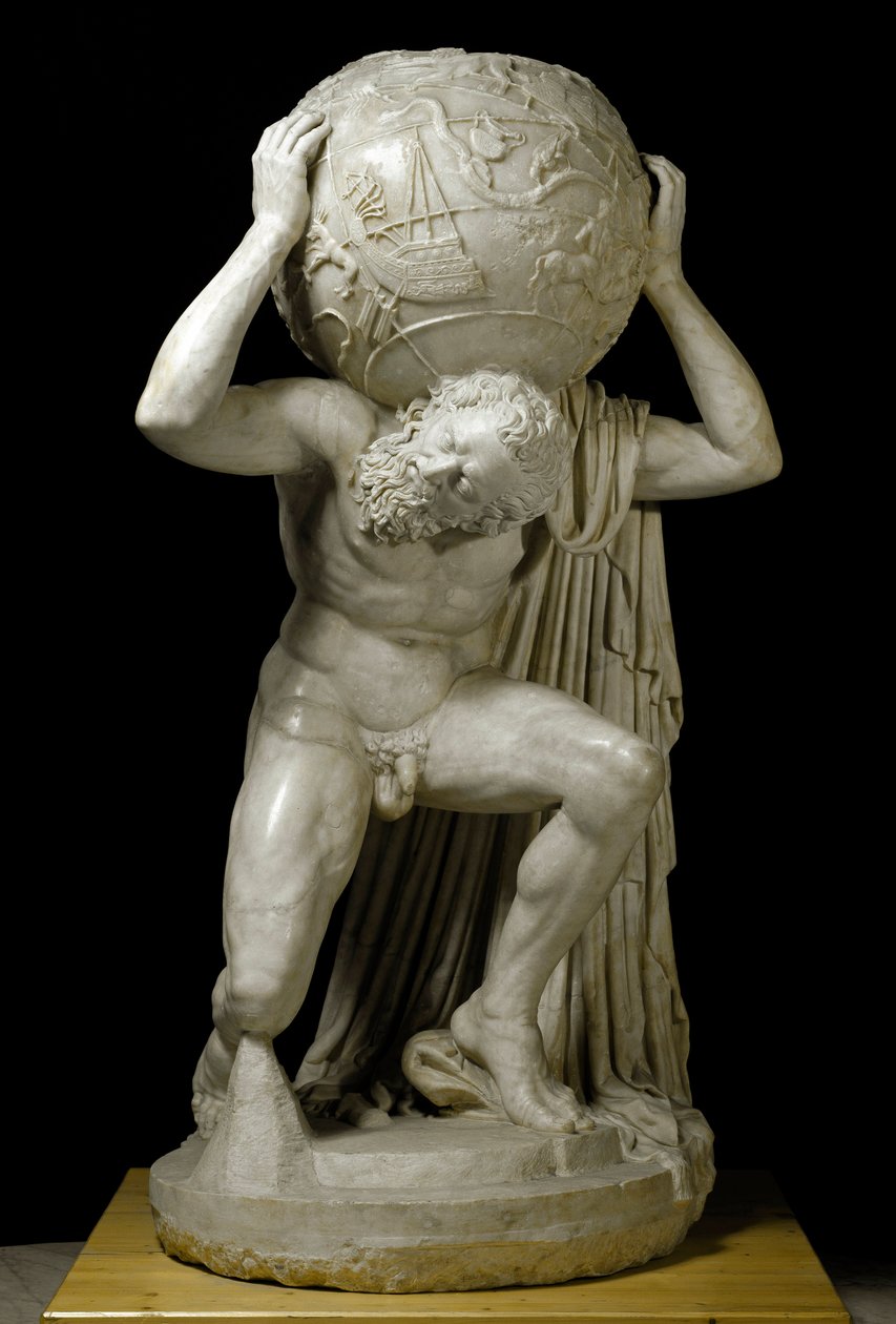 Atlas Farnese Atlas, jossa on taivaanpallo, joka symboloi aikakauden tähtitieteellistä tietoa. Roomalainen marmoriveistos kreikkalaisen alkuperäisen mukaan. 2. vuosisadalla. Himmeä. 191 cm Museo Archeologico Nazionale, Napoli tekijältä Roman