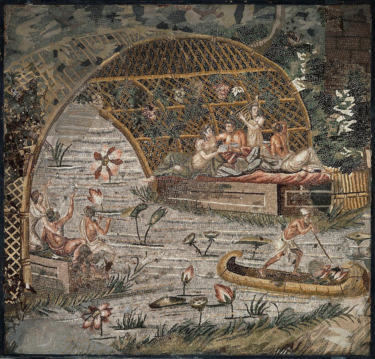 Juhla pergolan alla Niilin lähellä - Yksityiskohta Palestrinan Niilin mosaiikki - 3. vuosisadalla eKr. - Palestrinan Niilin mosaiikki - 3. vuosisadalla eKr., 95x102 cm - Staatliche Museen, Berliini tekijältä Roman
