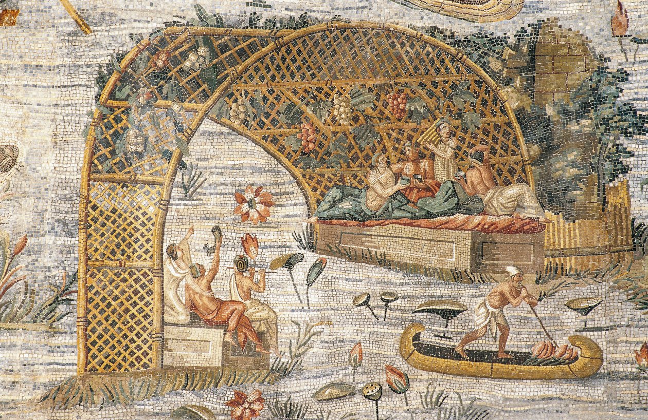 Juhla pergolan alla, yksityiskohta Nilotic-mosaiikista Niilin tulvista Egyptissä, Fortuna Primigenian pyhäköstä Palestrinassa, Lazio, Italia, roomalainen sivilisaatio tekijältä Roman