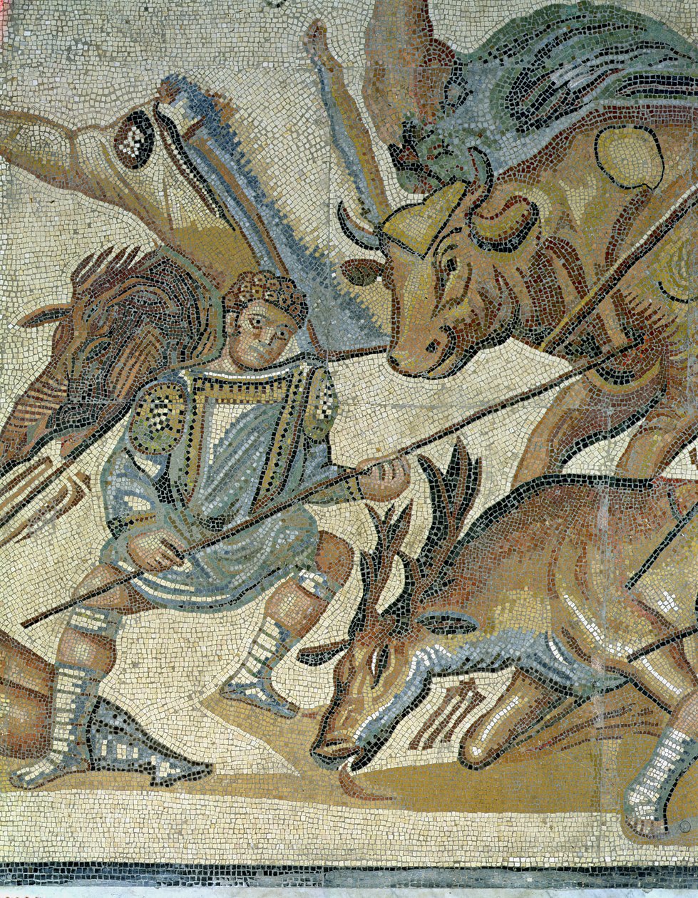 Taistelu gladiaattorien ja eläinten välillä, yksityiskohta gladiaattorista, joka keihää härkää, 320 jKr (mosaiikki) tekijältä Roman