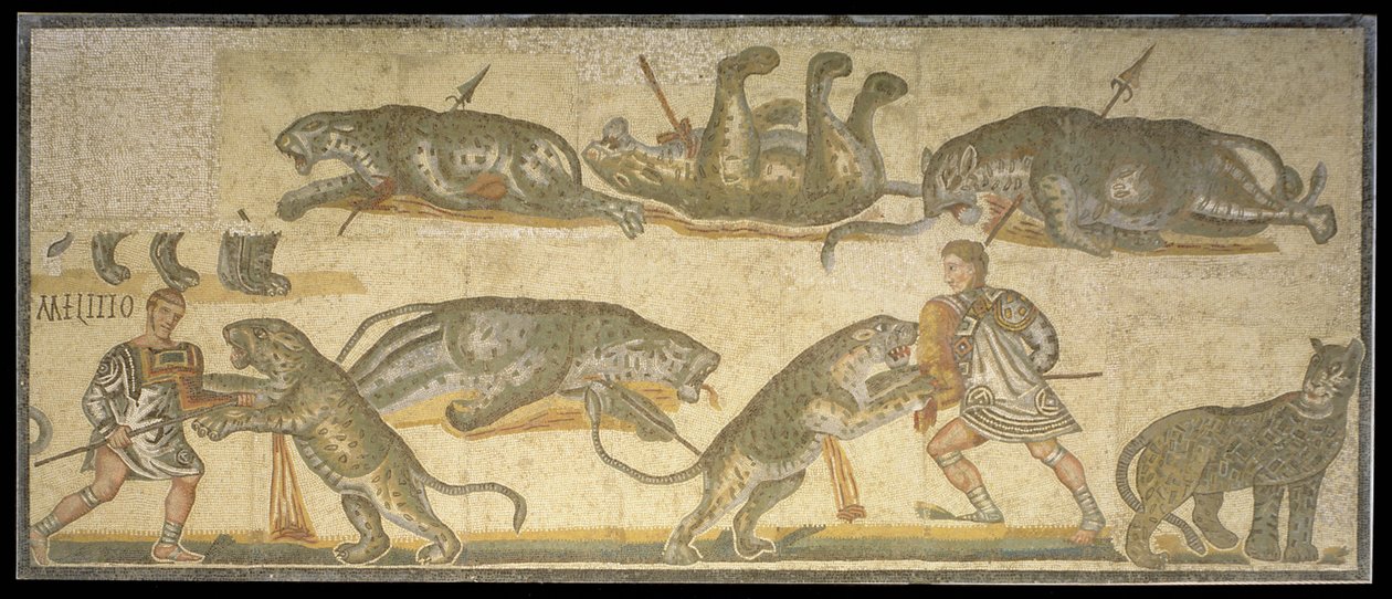 Taistelu gladiaattorien ja villikissojen välillä, 320 jKr (mosaiikki) tekijältä Roman