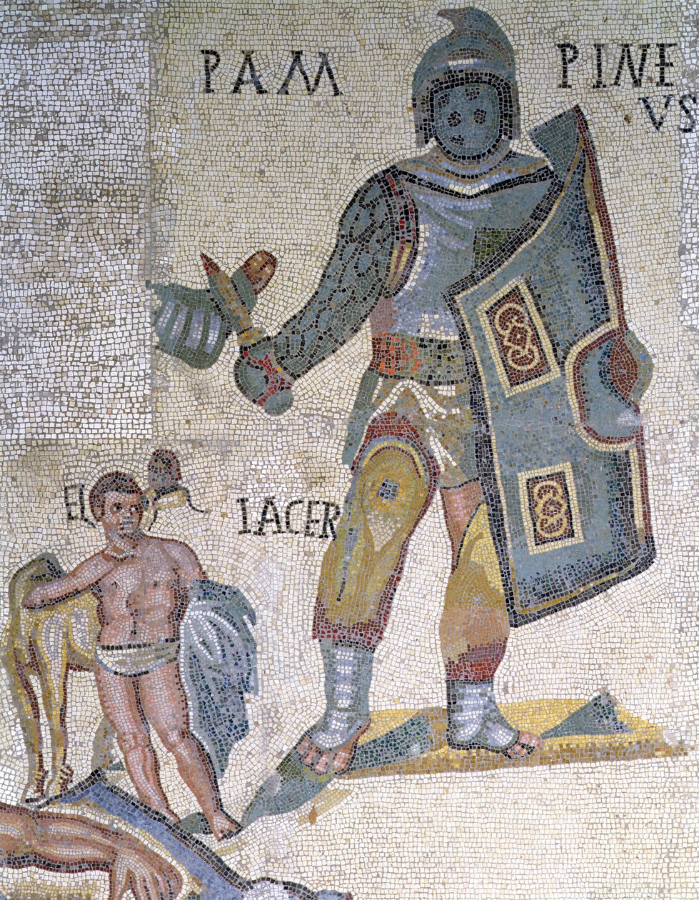 Gladiaattoreiden välinen taistelu, tikarilla ja kilvellä aseistautuneen gladiaattorin yksityiskohta, 320 jKr. (mosaiikki) tekijältä Roman