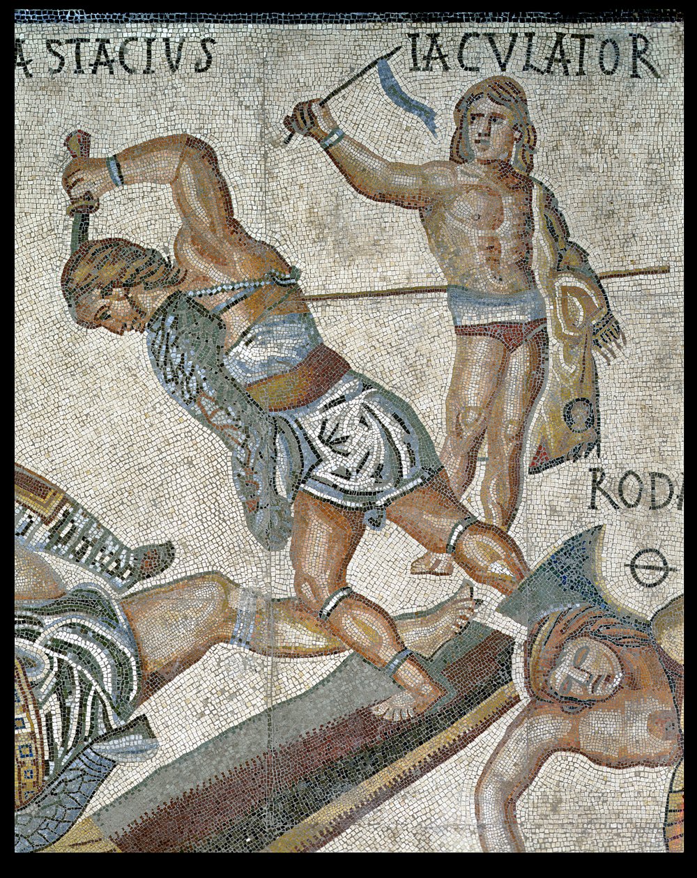 Taistelu gladiaattorien välillä, yksityiskohta gladiaattoritaistelusta ja voittajagladiaattorista, 320 jKr (mosaiikki) tekijältä Roman