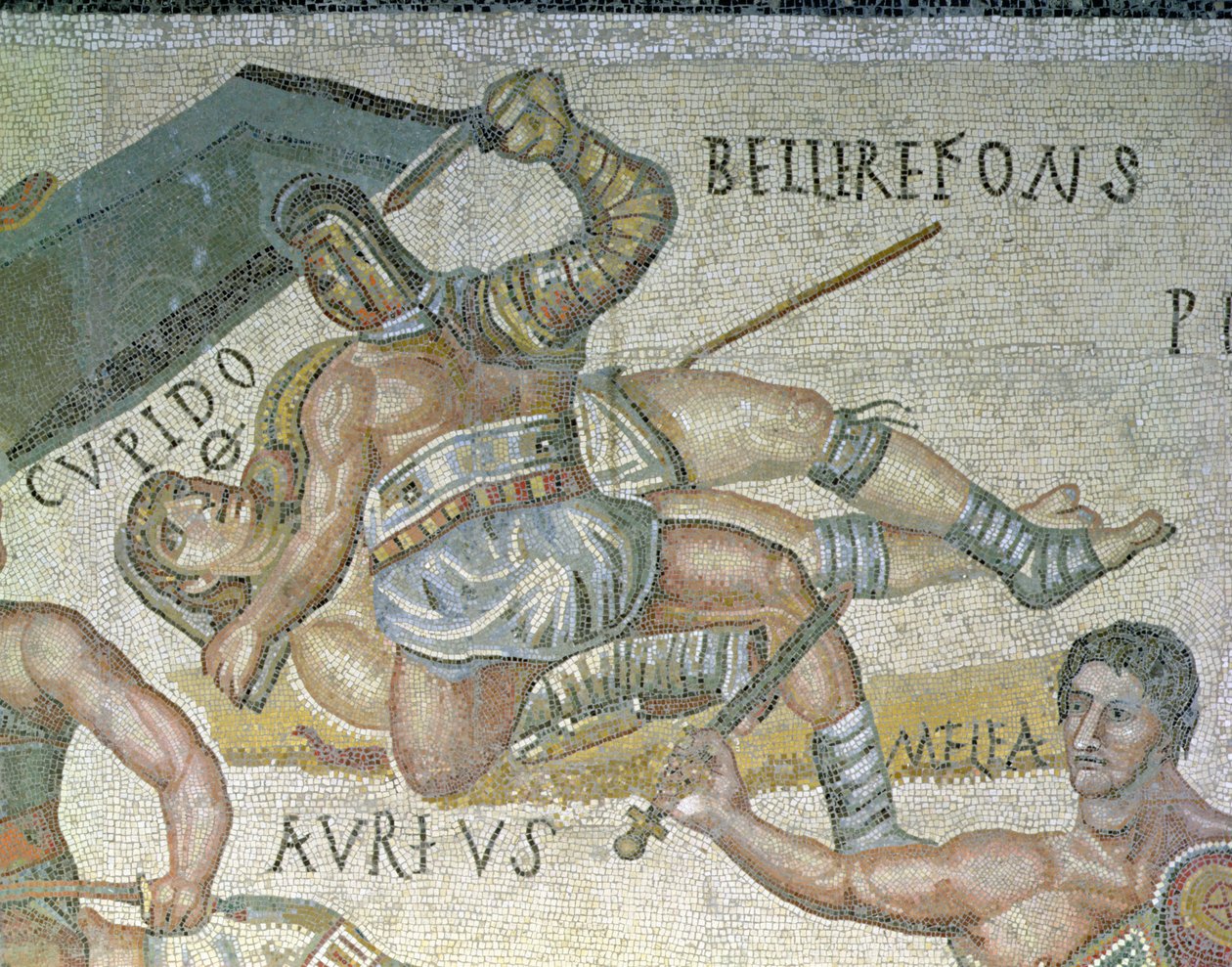 Taistelu gladiaattorien välillä, yksityiskohta gladiaattorista, joka kiinnittää toisen maahan, 320 jKr (mosaiikki) tekijältä Roman