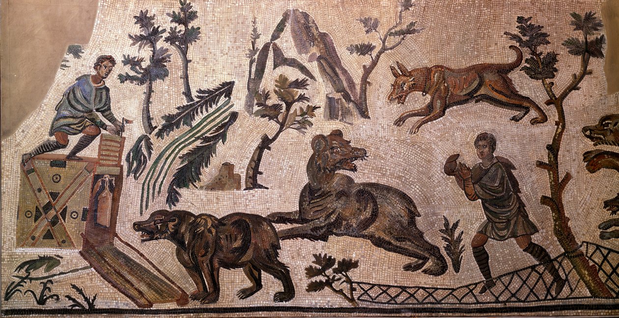 Karhunmetsästys (mosaiikki, 4. vuosisadalla eKr.) tekijältä Roman