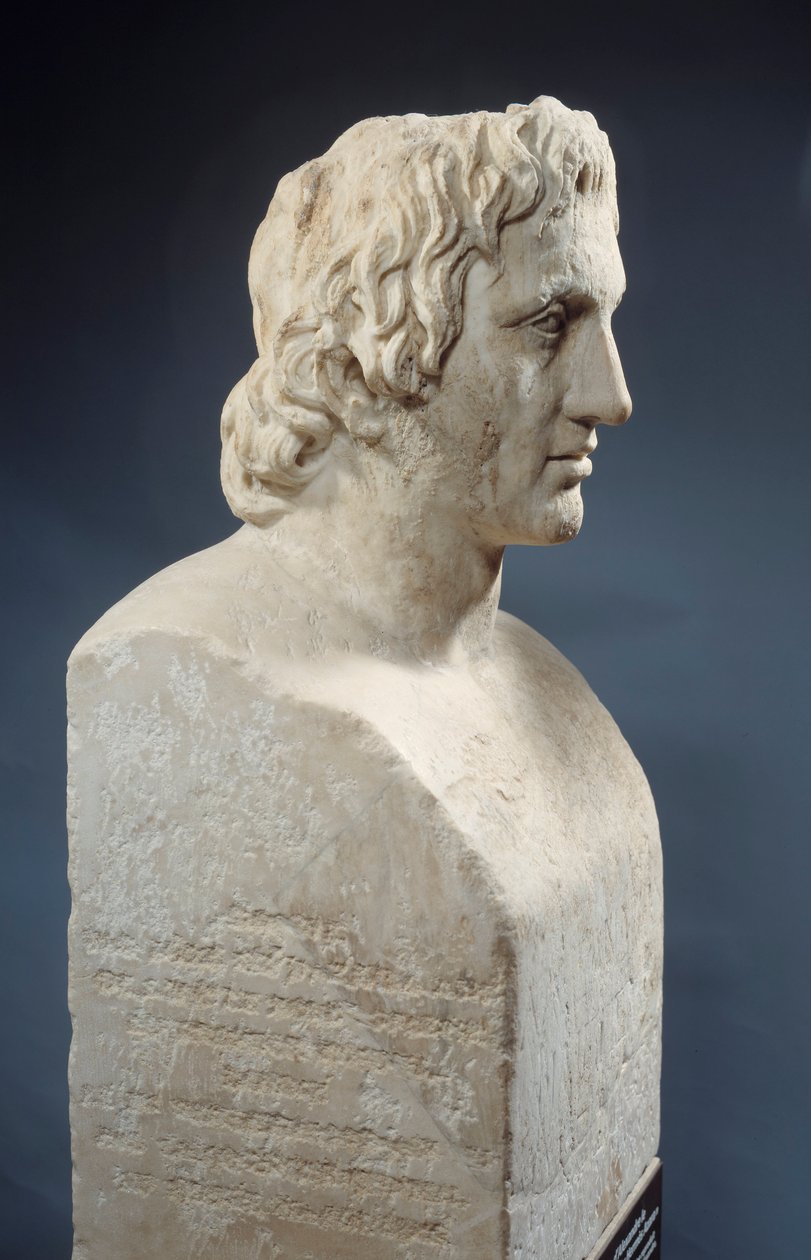 Aleksanteri Suuren rintakuva, joka tunnetaan nimellä "Hermes Azara", roomalainen teos Lysippen pronssisen patsaan jälkeen. Noin 330 eaa. Pariisi, Louvre-museo tekijältä Roman