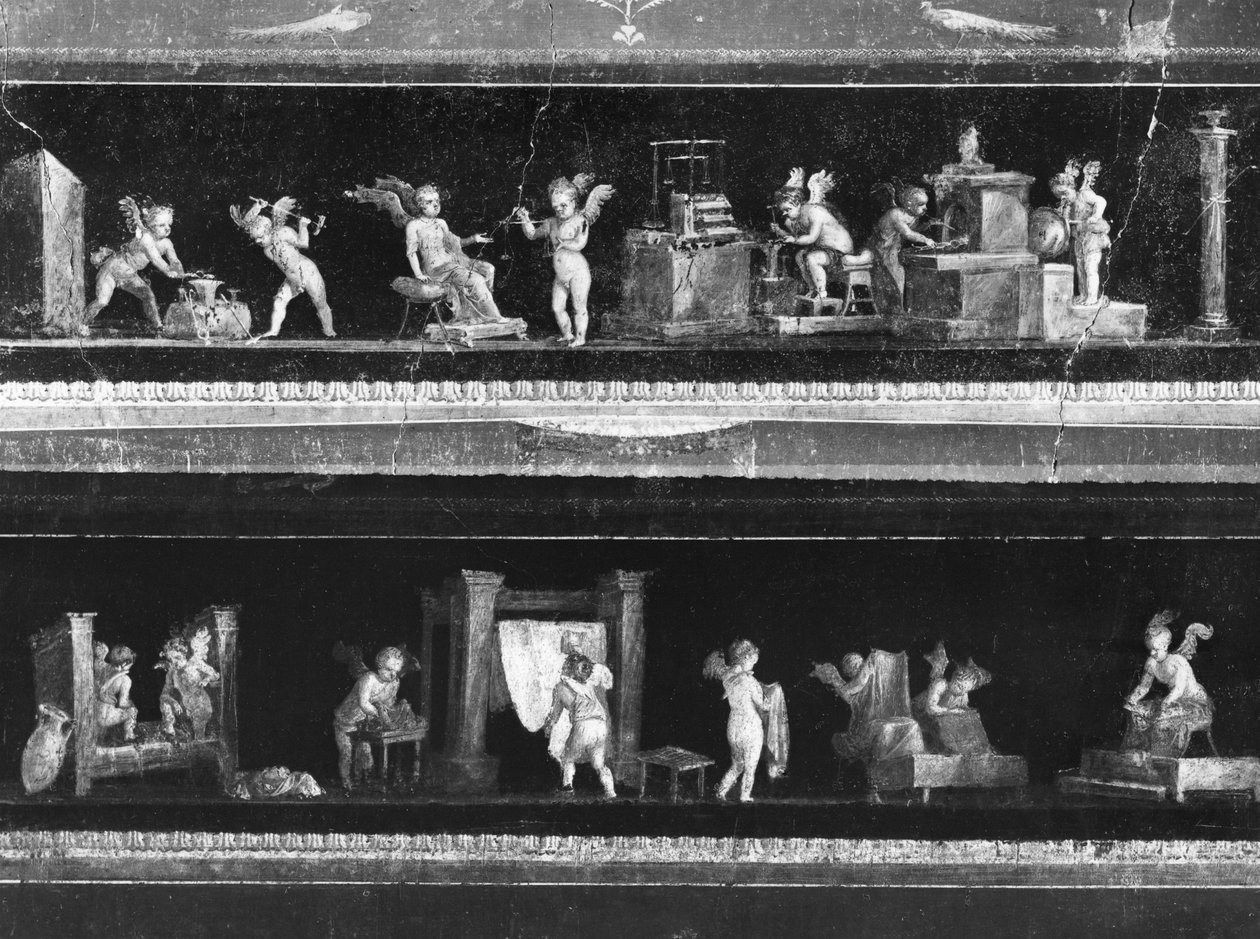 Kerubit tienaavat rahaa ja värjäävät kangasta, friisi Casa dei Vettiin (Vettien talo) Oecuksesta n.50-79 jKr. tekijältä Roman
