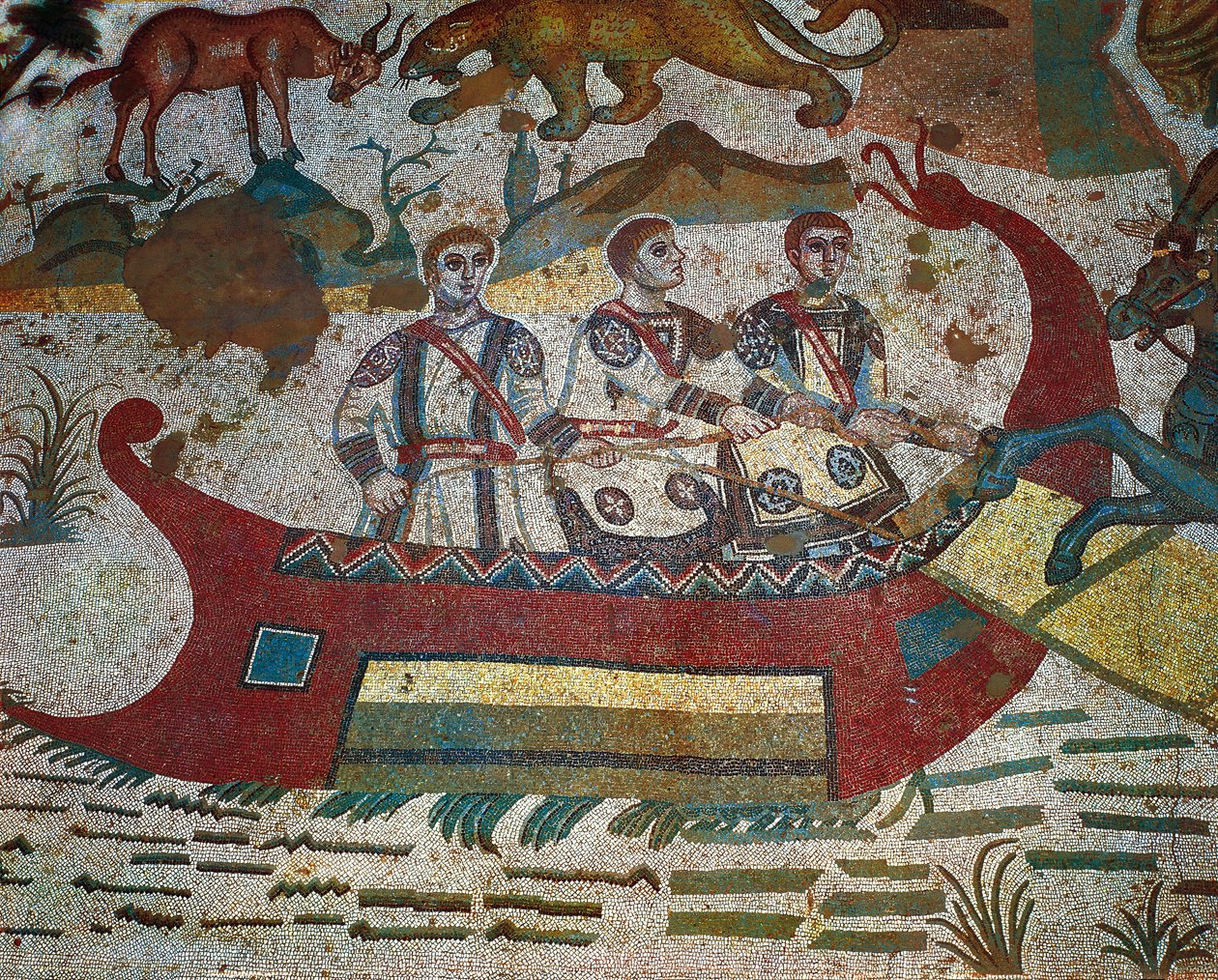 Yksityiskohta Great Hunt -mosaiikista, Villa Romana del Casale, Piazza Armerina, Sisilia, Italia, 4. vuosisadalla tekijältä Roman