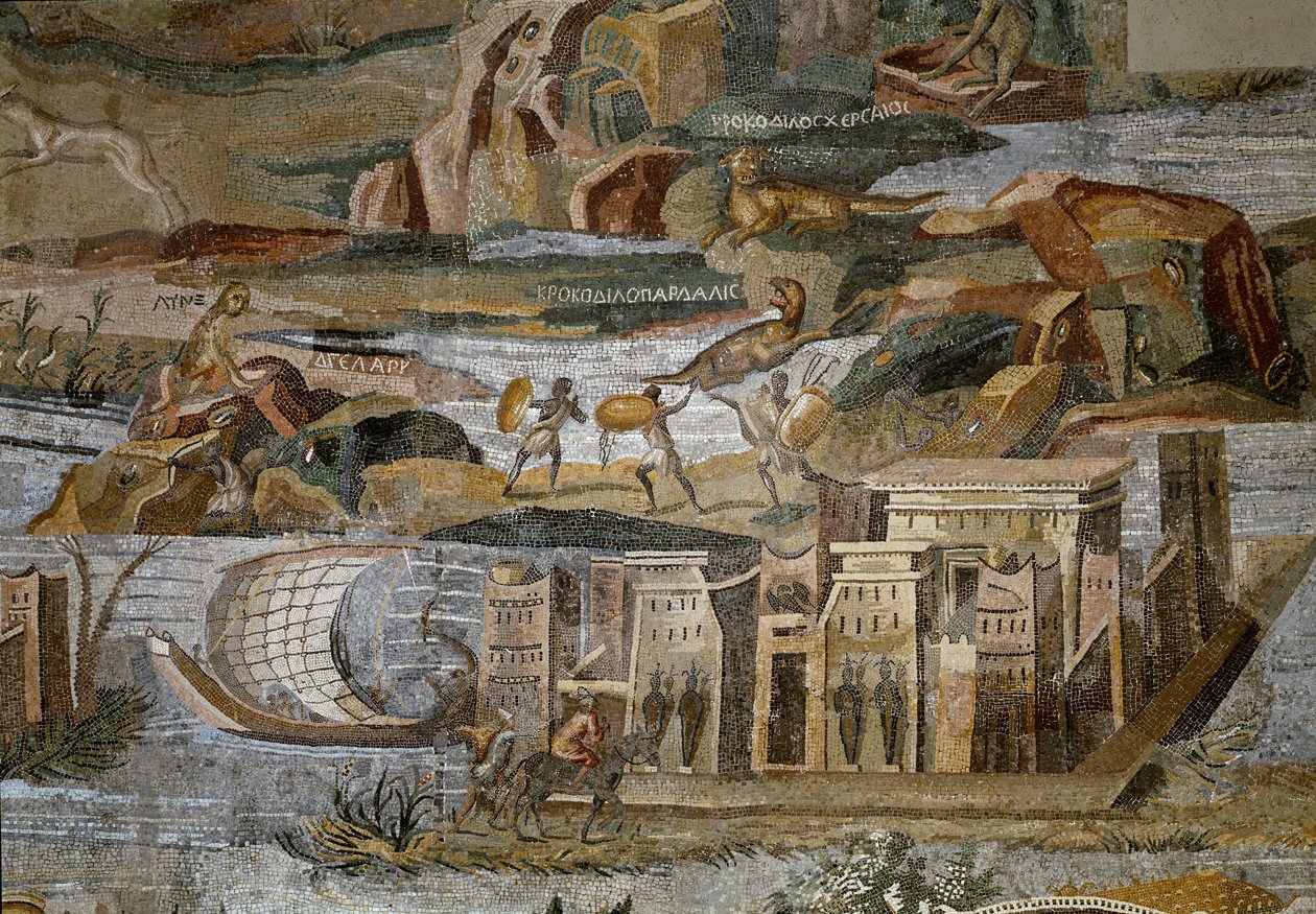 Yksityiskohta Prenesten (Palestrinan) niloottisesta mosaiikista Fortune Primigenian jumaluuden pyhäköstä, 80 eaa. tekijältä Roman