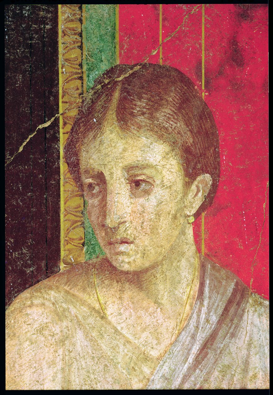 Yksityiskohta istuvan äidin päästä, katekismuskohtauksesta, pohjoisseinä, Oecus 5, 60-50 eKr. ks. myös 20015. tekijältä Roman