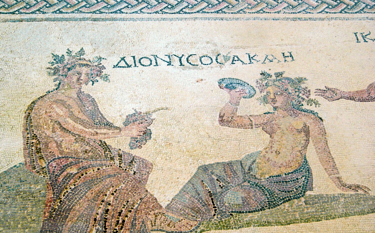Dionysos neuvoo nymfi Akmea, Dionysoksen talo, Pafos, Kypros (mosaiikki) tekijältä Roman