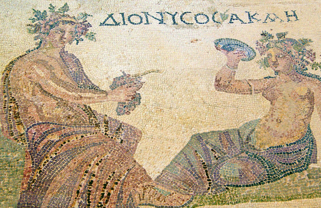 Dionysos neuvoo nymfi Akmea, Dionysoksen talo, Pafos, Kypros (mosaiikki) tekijältä Roman