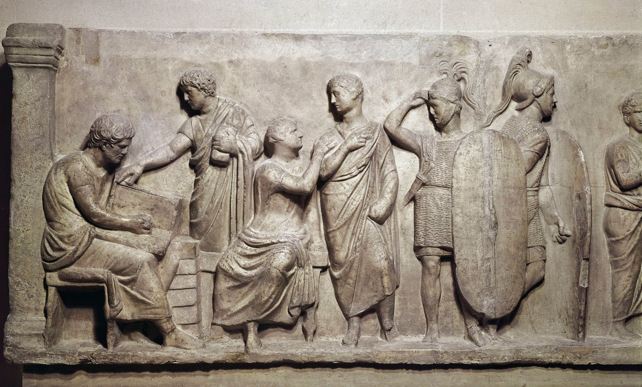 Domitius Achenobarbus, yksityiskohta kansalaisten rekisteröinnistä ja uhrauksesta Mars-jumalalle, n. 100 eaa (marmori) tekijältä Roman