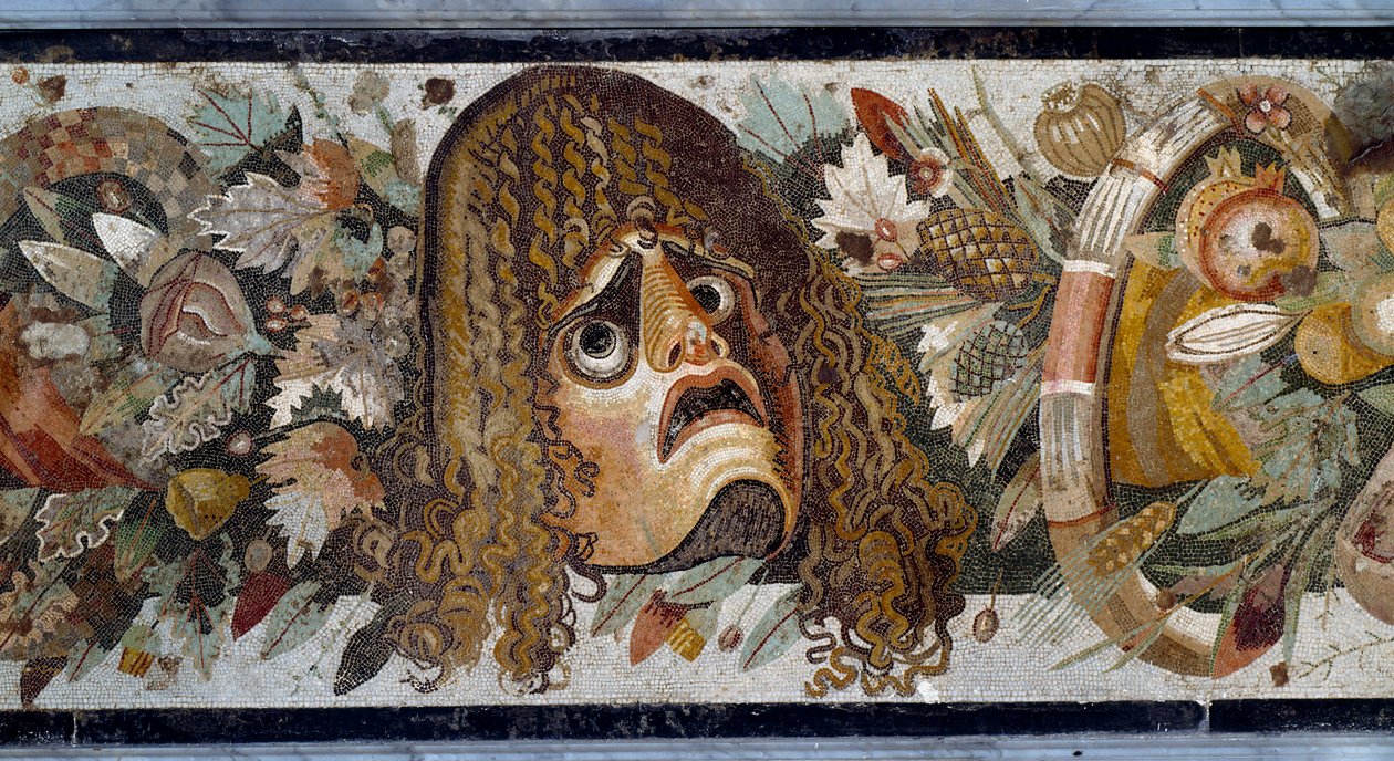 Feston naamiolla, lehdillä ja hedelmillä. Yksityiskohta. Mosaiikki Casa del Faunosta Pompejissa, 2. vuosisadalla eKr. Mitat: 280 x 49 cm. Museo Nazionale Archeologico, Napoli - roomalainen taide: festoon traagisella naamiolla, lehdillä ja hedelmillä. Yksit tekijältä Roman