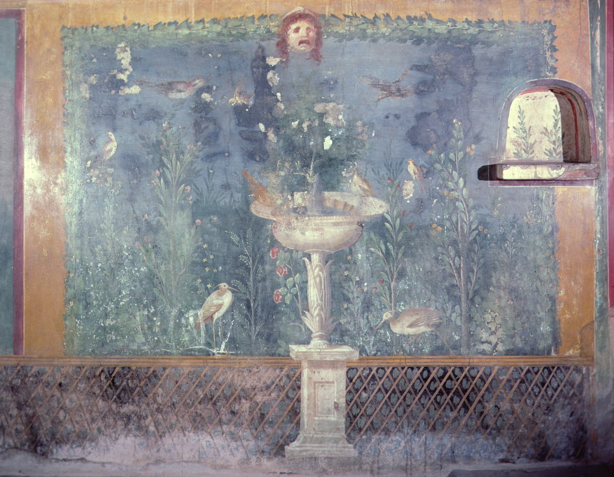Suihkulähde, naamio ja linnut, Venuksen talo kuoressa, Pompei, Italia (fresko) tekijältä Roman