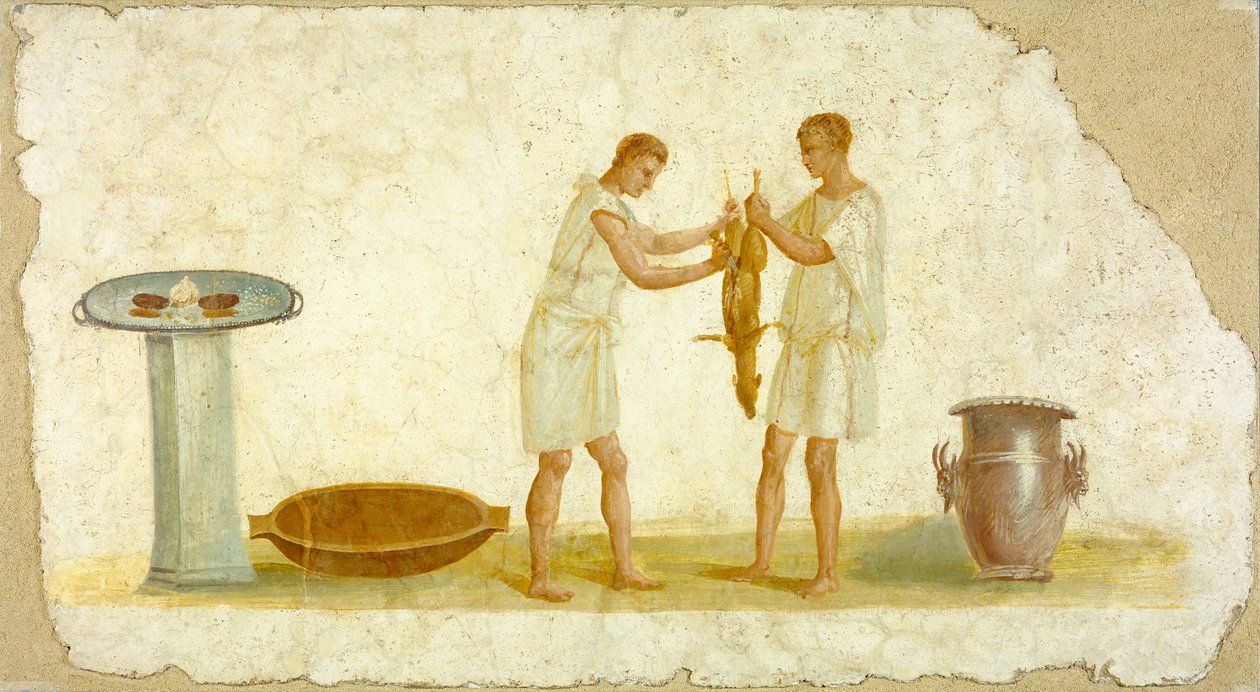 Freskopaneelin katkelma, jossa on aterianvalmistus, noin 100-150. tekijältä Roman