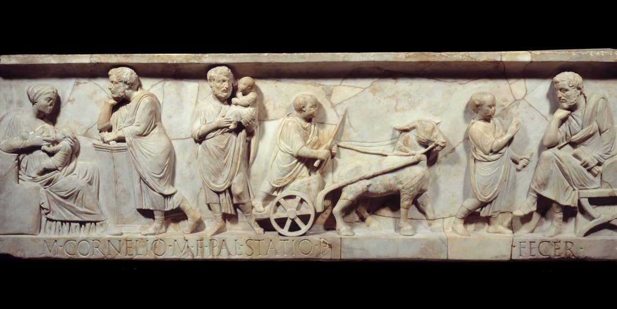 Fragmentti Marcus Cornelius Statiuksen sarkofagista noin 150 jKr. - Muinainen Rooma: Roomalaisen sarkofagin kasvot. Kohtaus lapsen elämästä, joka kasvaa syntymästä oppimiseen. Pariisi, Musee du Louvre tekijältä Roman