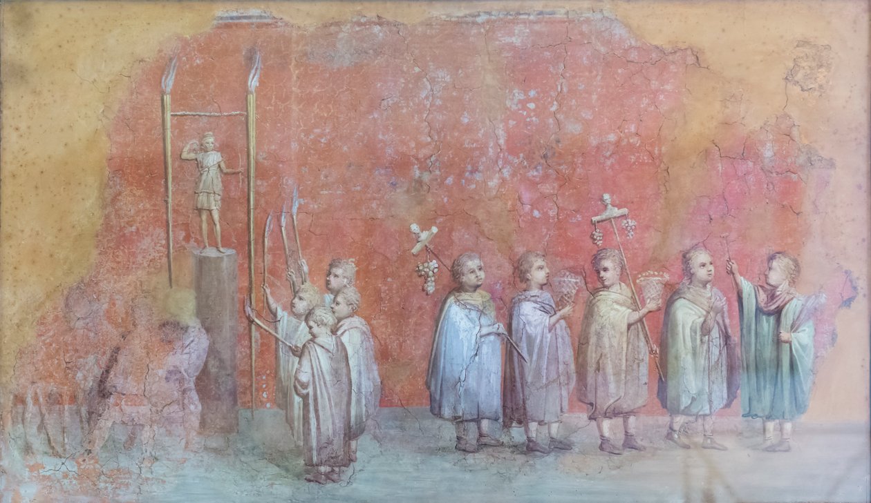Kalenterin freskofragmentti, joka kuvaa lapsia kulkueessa, mahdollisesti keisari Severuksen syntymäpäiviä ja edustaa huhtikuuta, 300 jKr. (fresko) tekijältä Roman