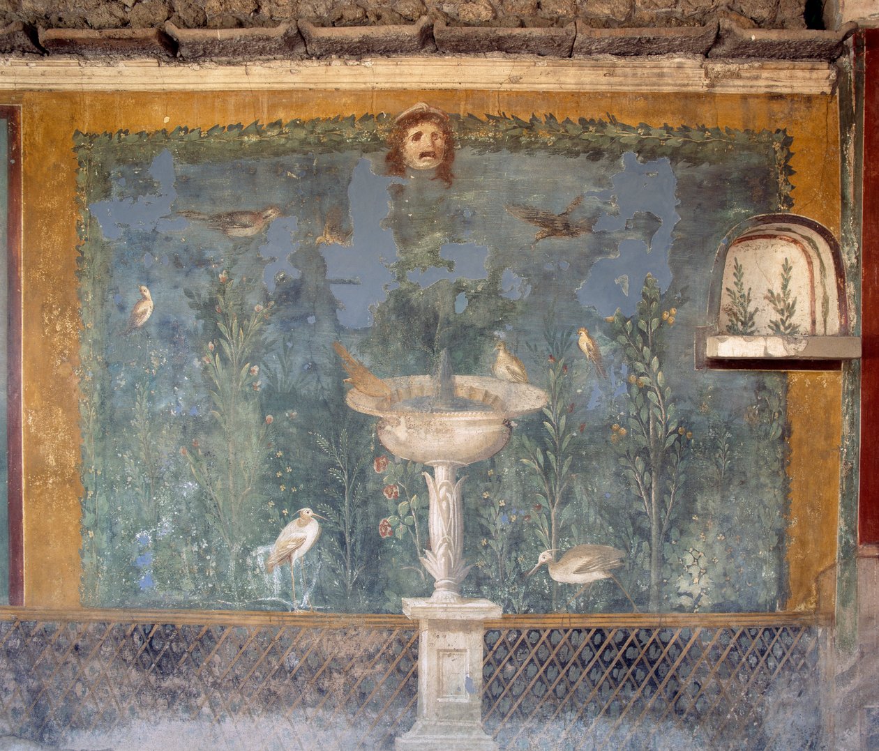 Fresko suihkulähteellä, naamiolla ja lintuilla, House of Venus in Shell, Pompeii (Unescon maailmanperintöluettelo tekijältä Roman