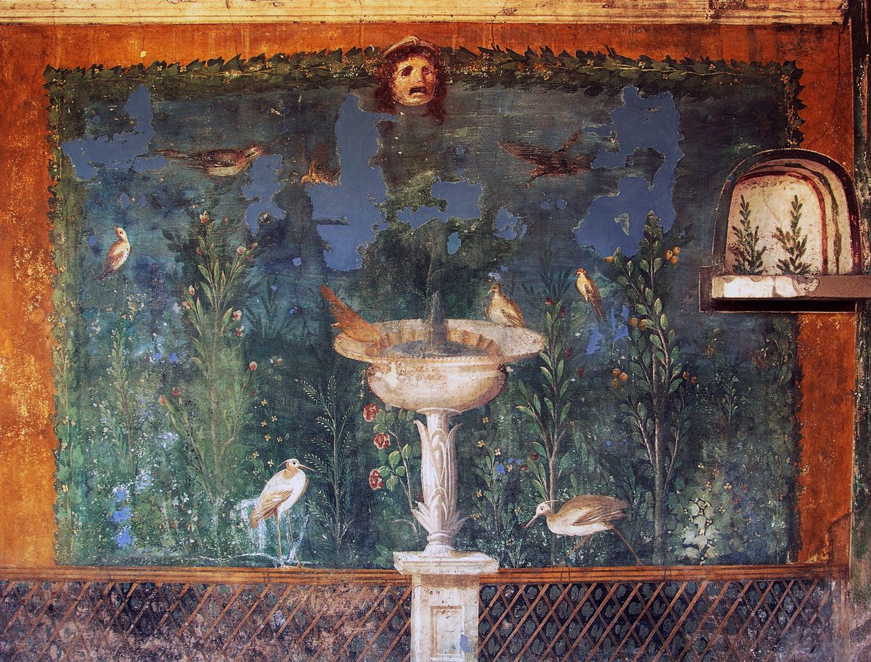 Fresko suihkulähteellä, naamiolla ja lintuilla, Venuksen talo kuoressa, Pompeiji, Campania, Italia, roomalainen sivilisaatio tekijältä Roman