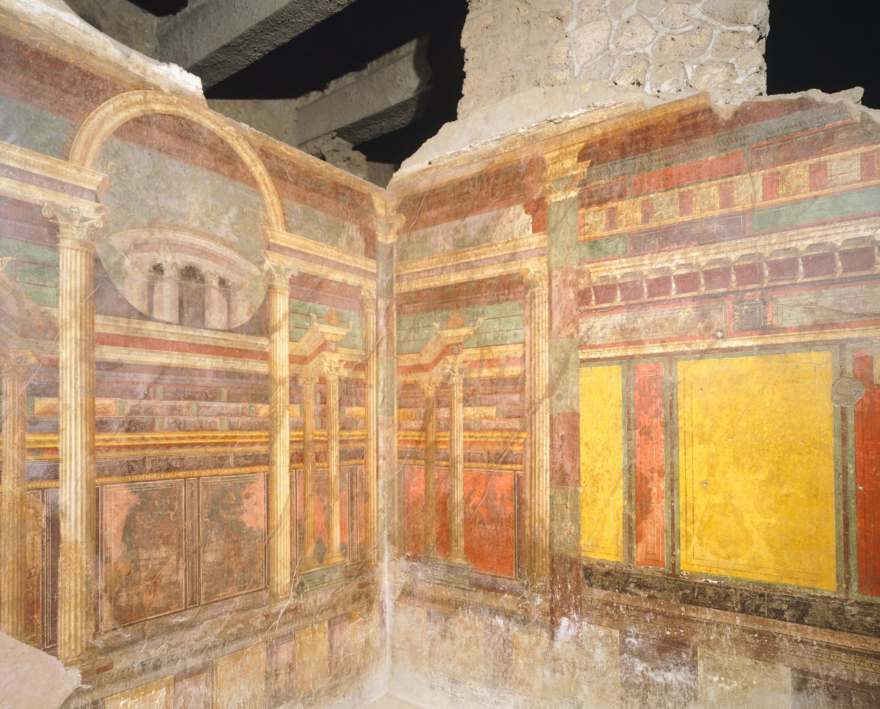 Freskot toisessa pompeilaisessa tyylissä, jotka kuvaavat tekoarkkitehtuuria, yhdestä huoneesta Villa of Mysteries, Pompei, Campania, roomalainen sivilisaatio tekijältä Roman