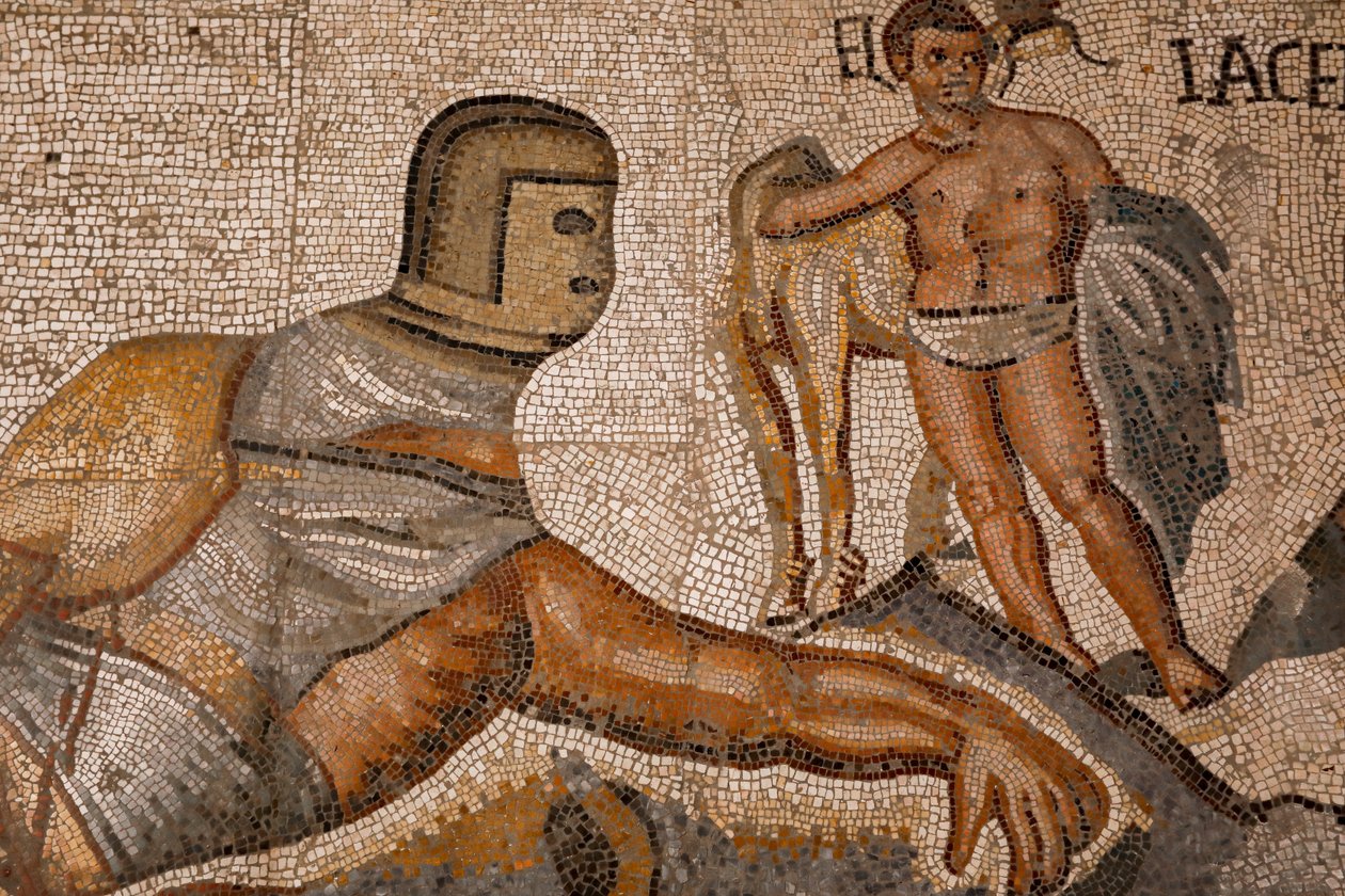 Gladiaattoritaistelut. 320-330, mosaiikki tekijältä Roman