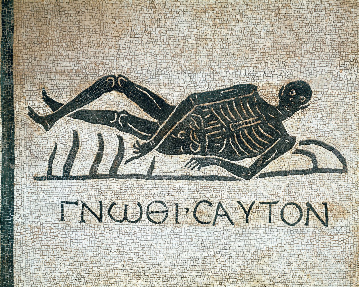 Gnothi seauton (Tunne itsesi memento mori mosaiikkina Pyhän Gregorin luostarin kaivauksista Roomassa, jossa on kreikkalainen motto 3. vuosisadalla eKr.) Museo Nazionale Romano (o delle Terme) Rooma tekijältä Roman