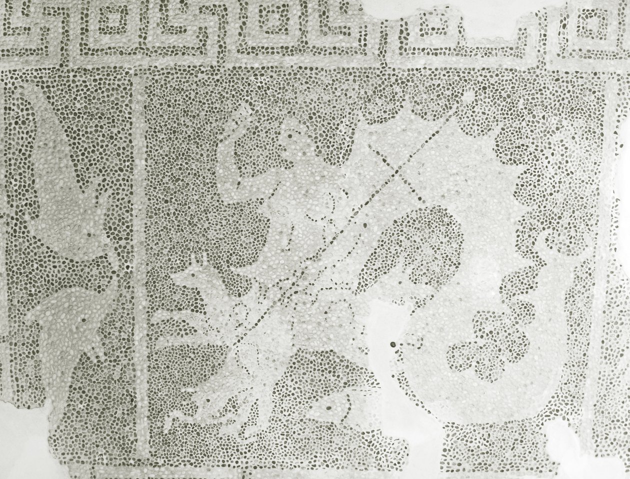 Helenistinen kivimosaiikki Scyllasta ja Charybdista vartioimassa salmea, yksityiskohta Scyllasta. Dionysoksen talo, Paphos, Kyproksen mosaiikki tekijältä Roman