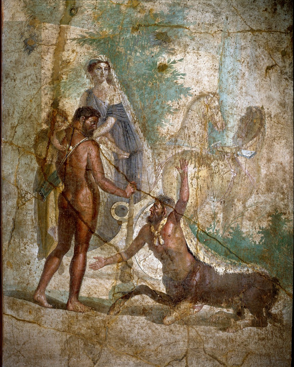 Hercules, Dejanire ja kentauri Nessus”” Kentauri Nessos poistaa Dejaniren, mutta Hercules pelastaa hänet lävistämällä hänen nuolet, jotka on karkaistu Lernen Hydran myrkystä. Roomalainen fresko kreikkalaisen alkuperäiskappaleen mukaan 3. vuosisadalta eKr.  tekijältä Roman