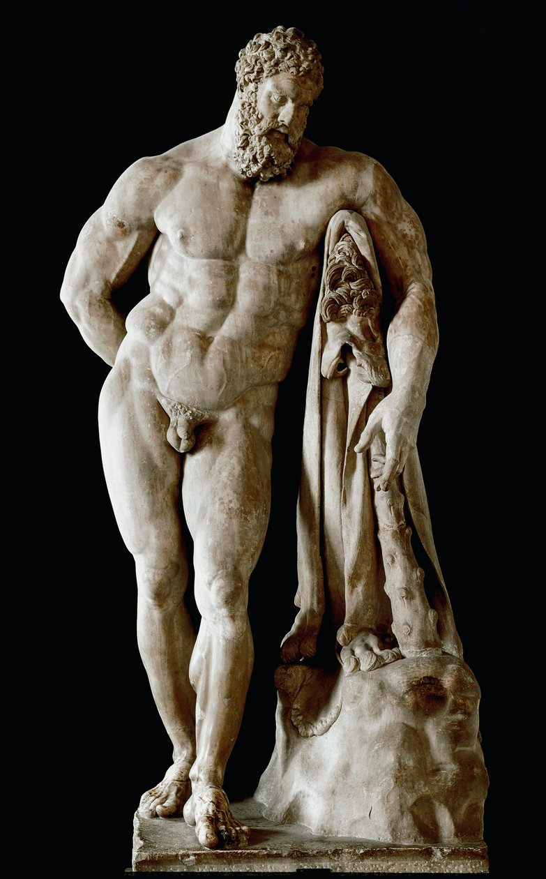 Hercules Farnese Kolossaalinen veistos glykonimarmorista Rooman Caracallan lämpökylpylästä peräisin kreikkalaisesta alkuperäiskappaleesta Lysipus of Sicyone, Dim. 3,17 m, 3. vuosisata JC:n jälkeen - Napolin arkeologinen museo - Farnese Hercules - Marmorive tekijältä Roman