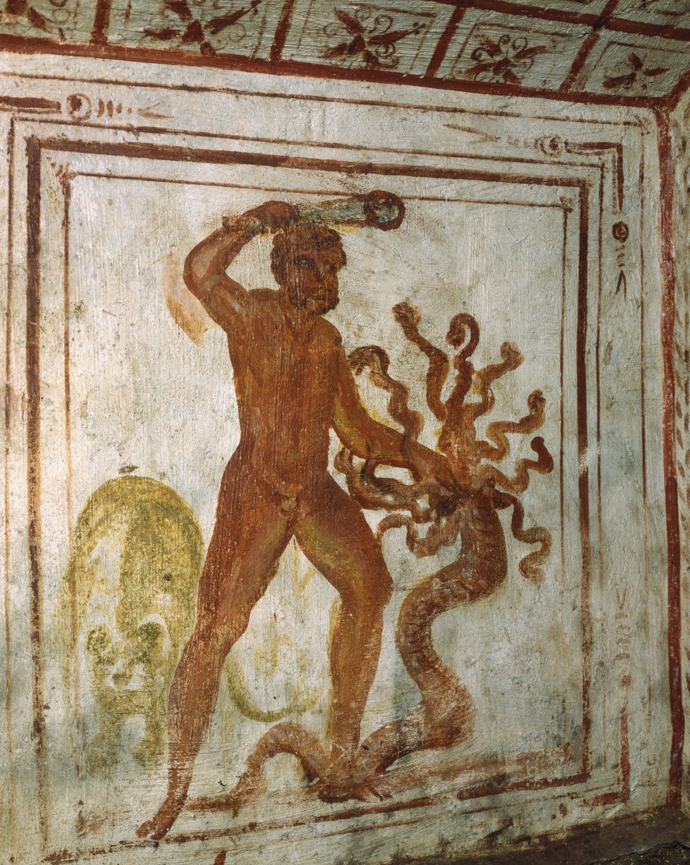 Hercules ja Lernaean Hydra, fresko, Via Latina Catacomb, Rooma, Italia, 4. vuosisata tekijältä Roman