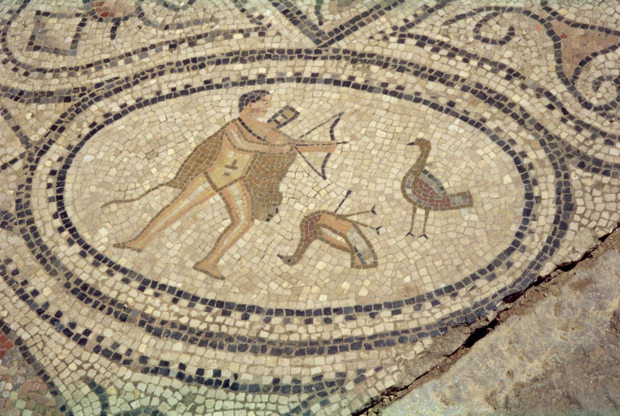 Herkules ja Stymphalian linnut Herkuleen talon lattialta (mosaiikki) tekijältä Roman
