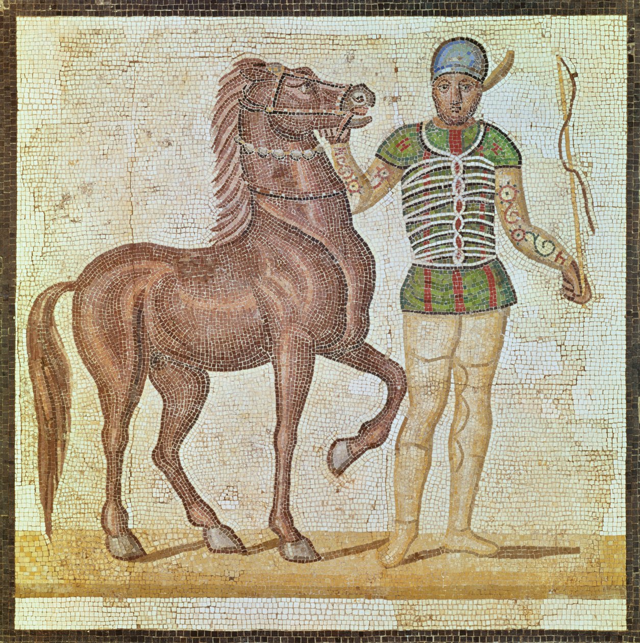 Ratsastaja kilpaväreissä (mosaiikki) tekijältä Roman