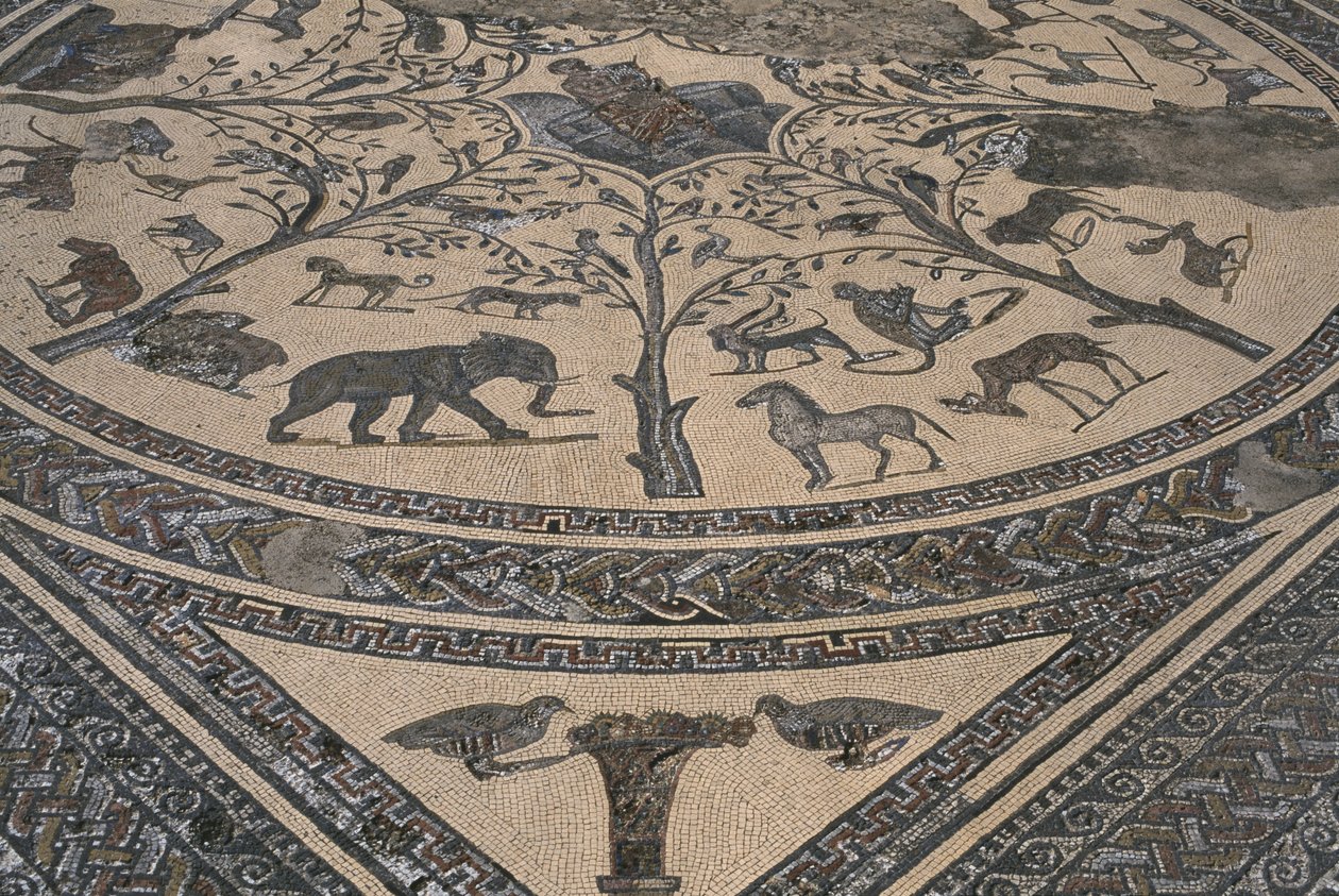 Orpheuksen talo, Orpheus villieläinten ympäröimänä, yksityiskohta (mosaiikki) tekijältä Roman